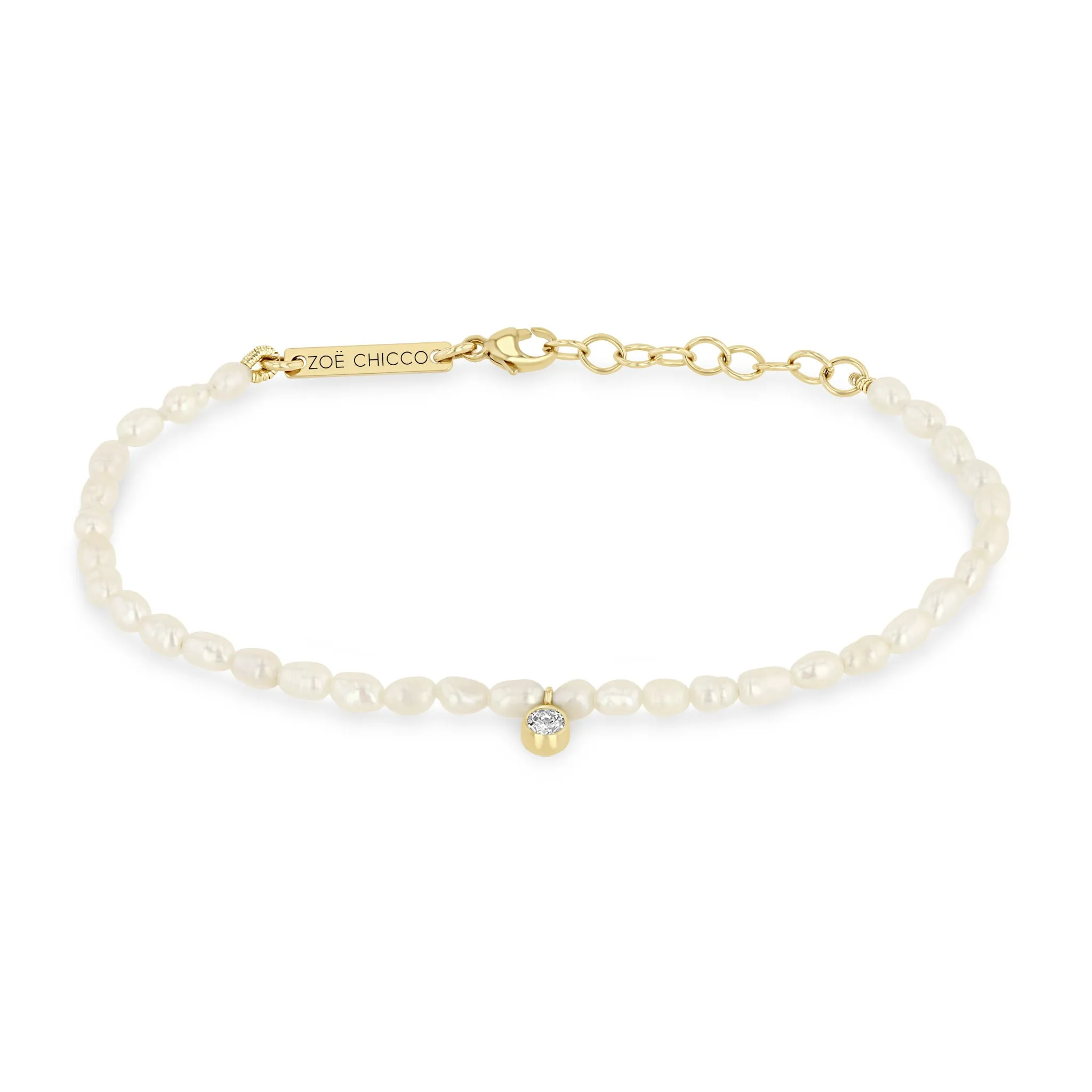 14k Diamond Charm Rice Pearl Bracelet