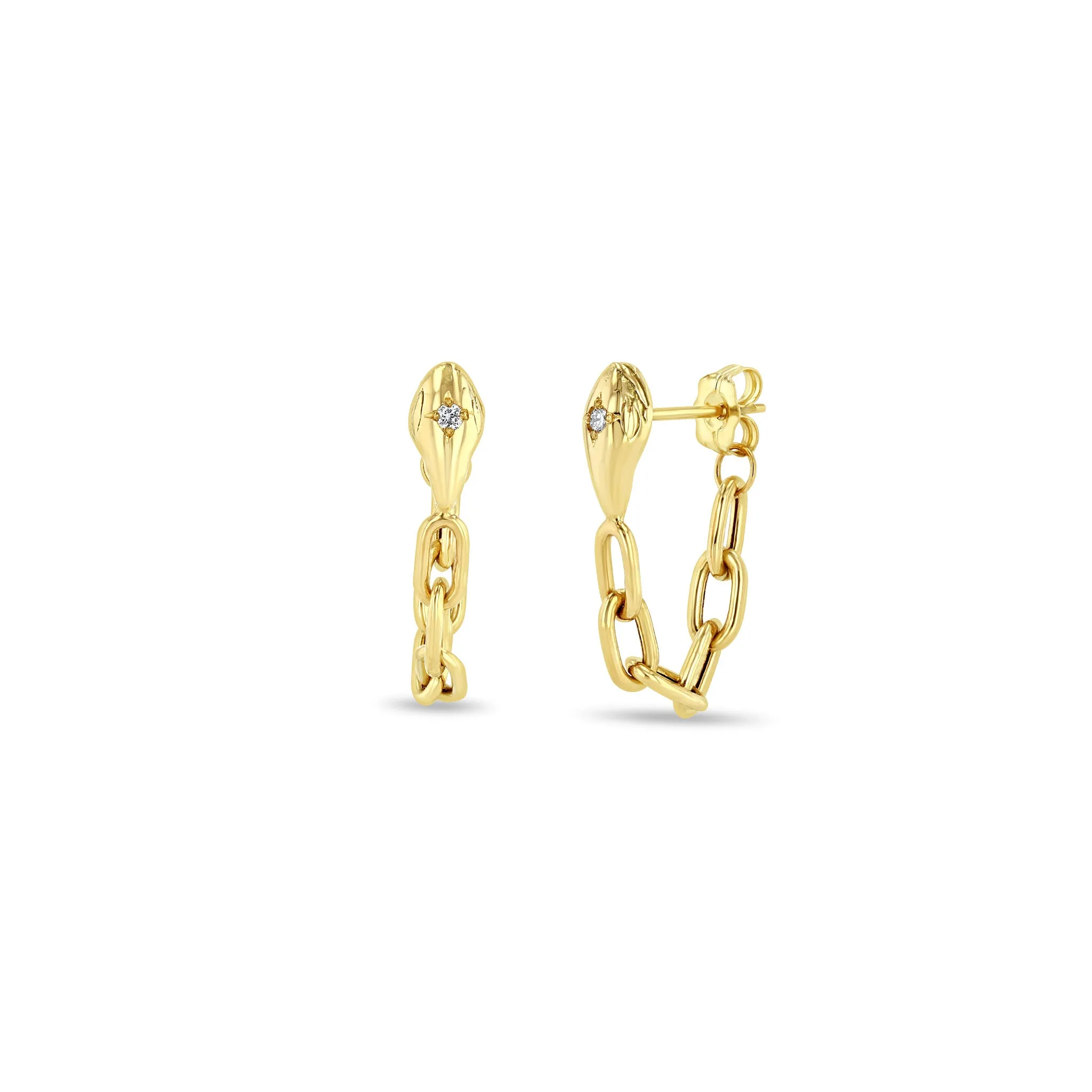 14k Snake Head with Diamond Eyes Square Oval Chain Huggie Earrings