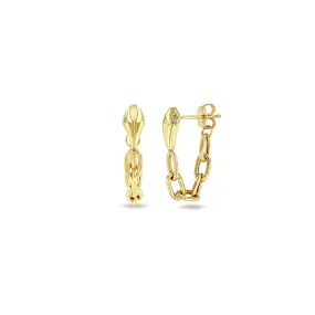 14k Snake Head with Diamond Eyes Square Oval Chain Huggie Earrings