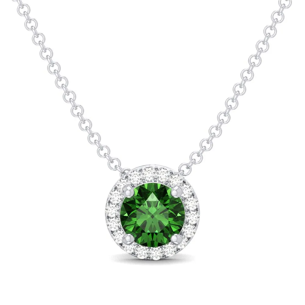 14K W Gold 0.05ctw Diamond 0.35ctw Round Emerald Halo Pendant