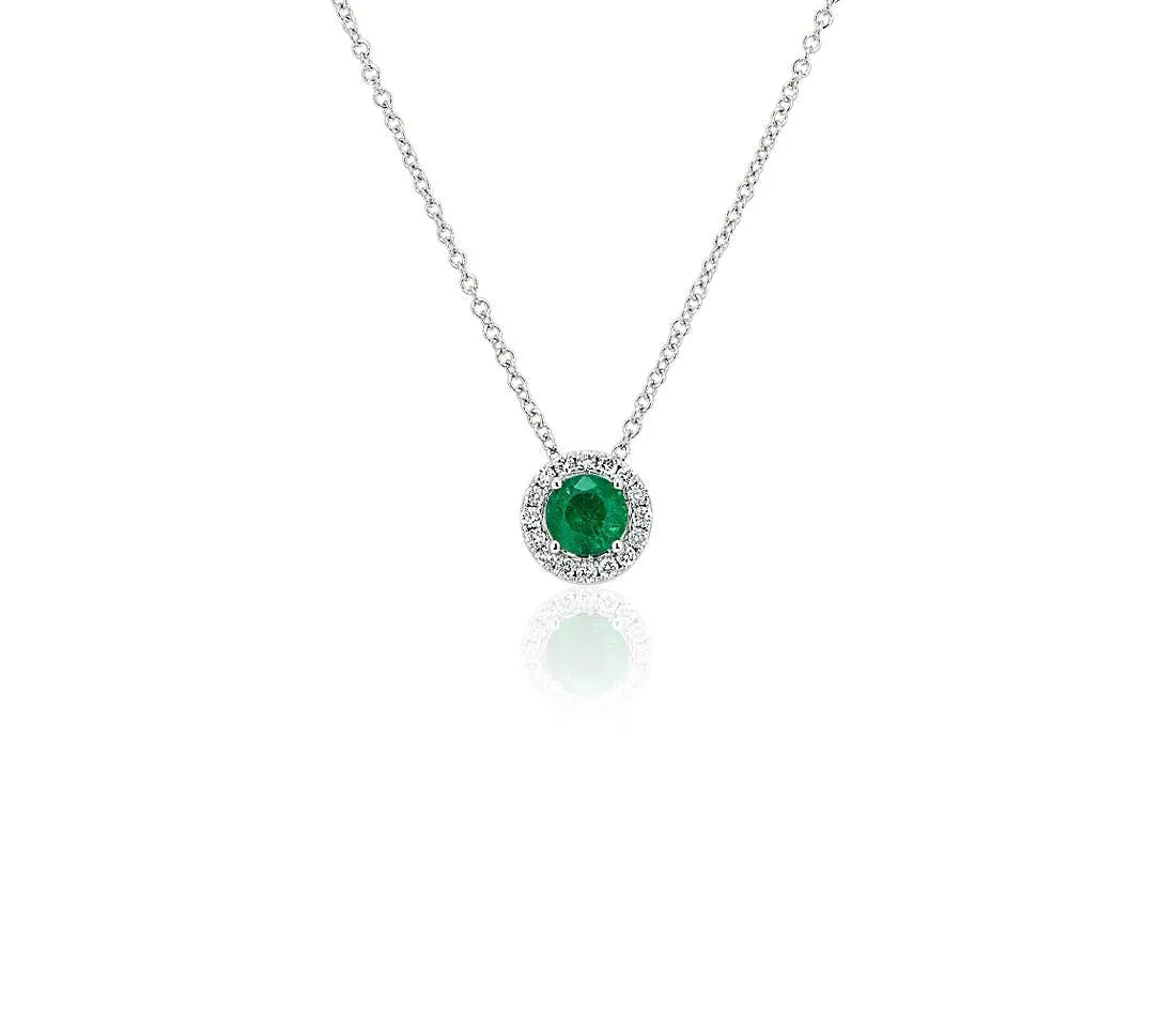 14K W Gold 0.05ctw Diamond 0.35ctw Round Emerald Halo Pendant