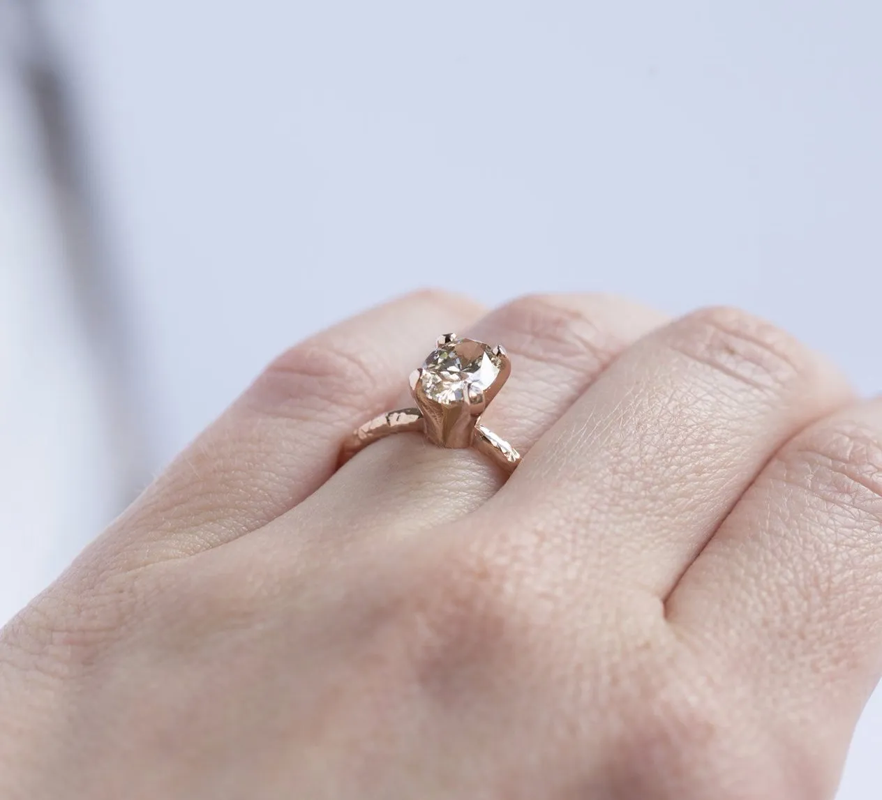 1.51ct Oval Champagne Diamond Engagement Ring in Hand Carved Recycled Rose Gold by Anueva Jewelry