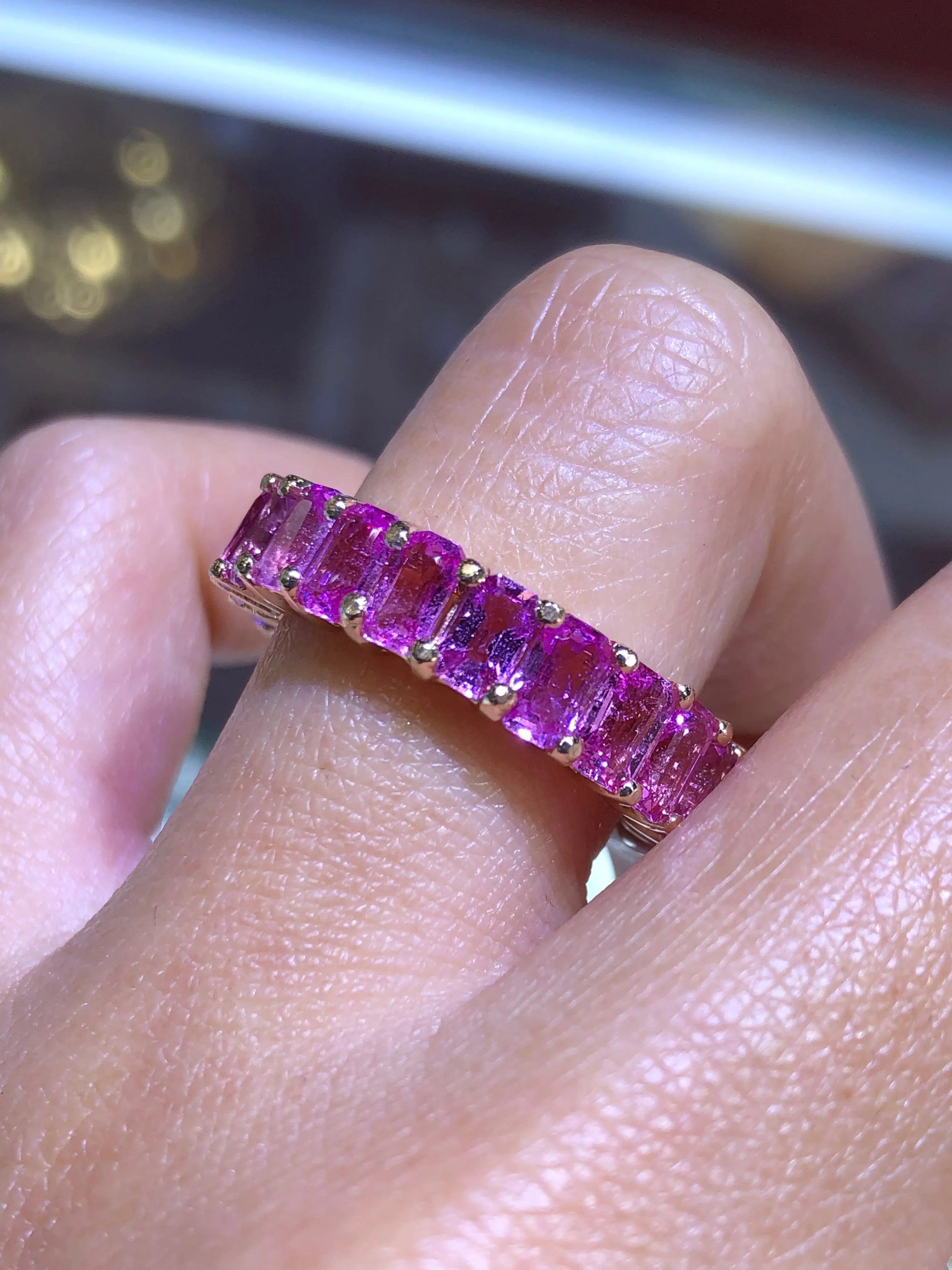 18K Gold Pink Sapphire Radiant Eternity Band