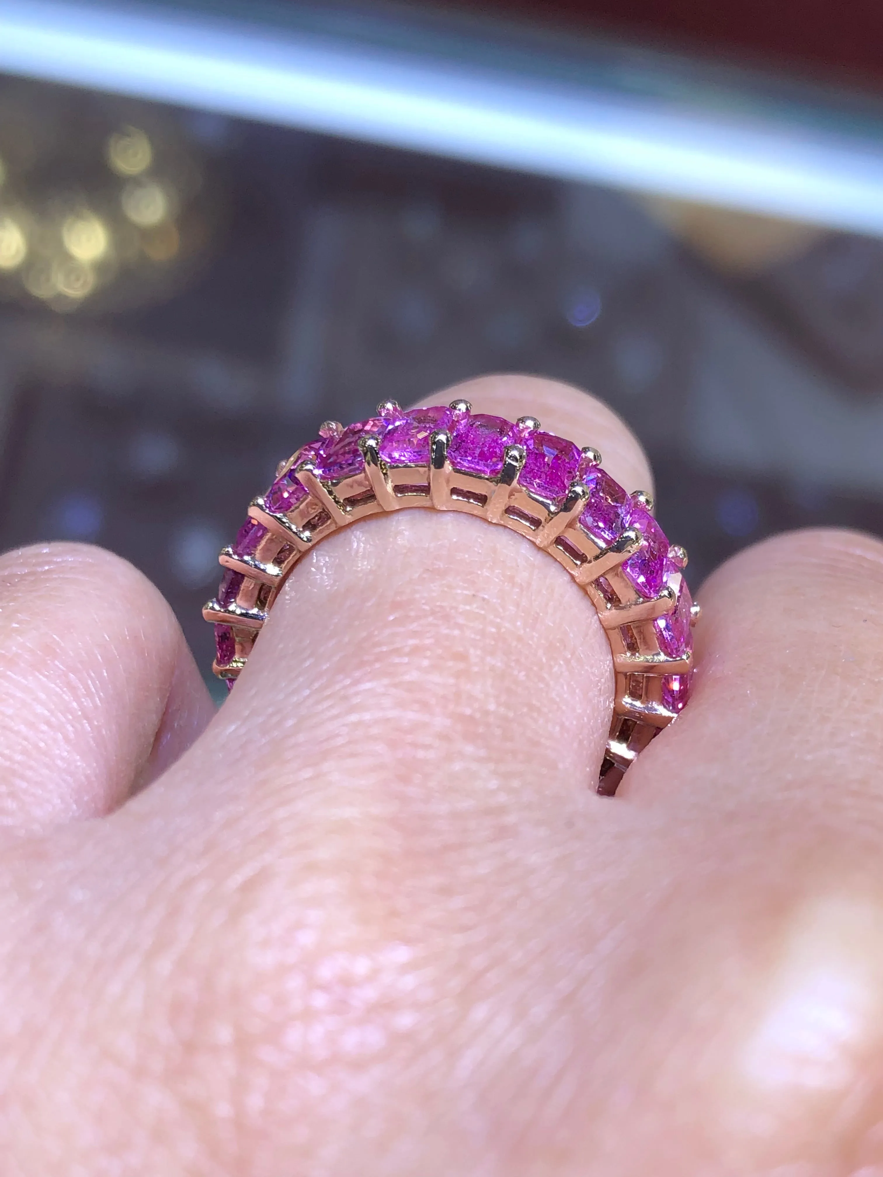 18K Gold Pink Sapphire Radiant Eternity Band