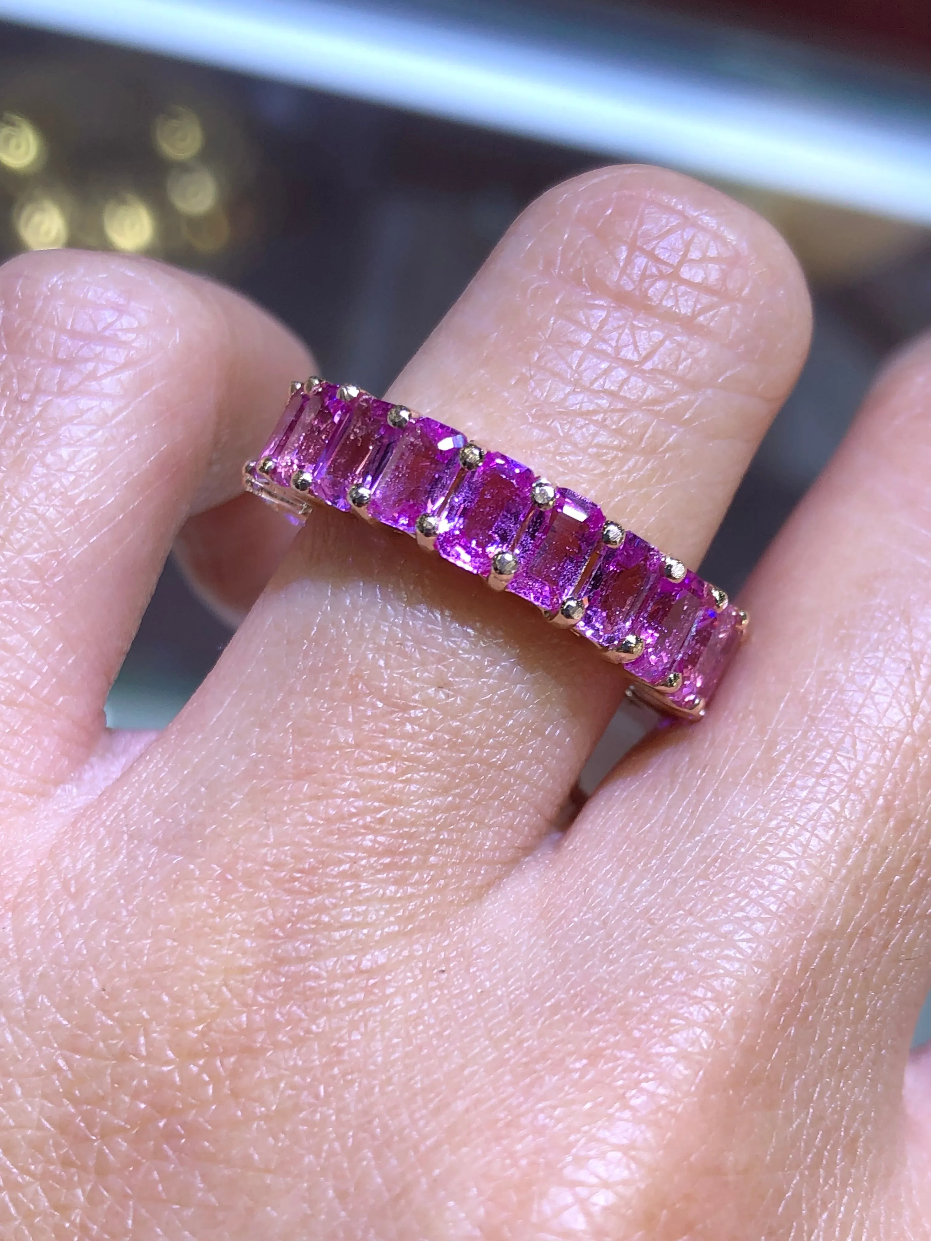 18K Gold Pink Sapphire Radiant Eternity Band