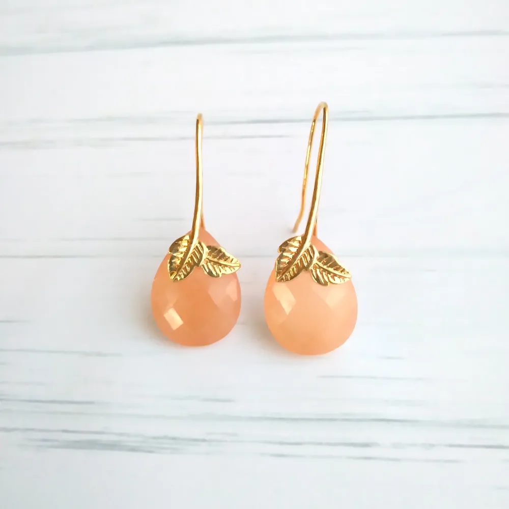 2 Leaf Peach Jade Single Gem Drop Earrings