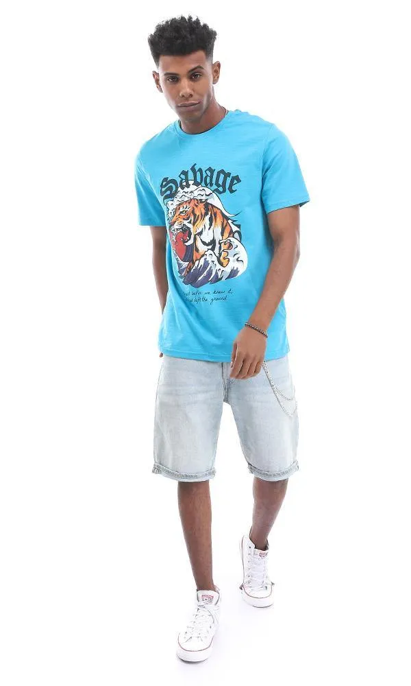 95178 Turquoise T-Shirt With A Roaring Tiger Frontal Print