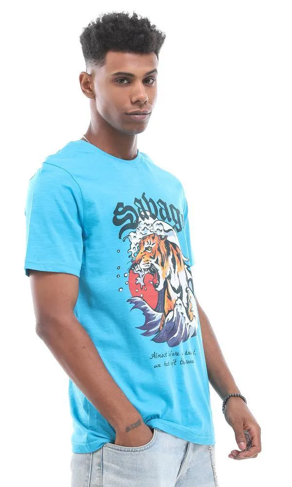 95178 Turquoise T-Shirt With A Roaring Tiger Frontal Print