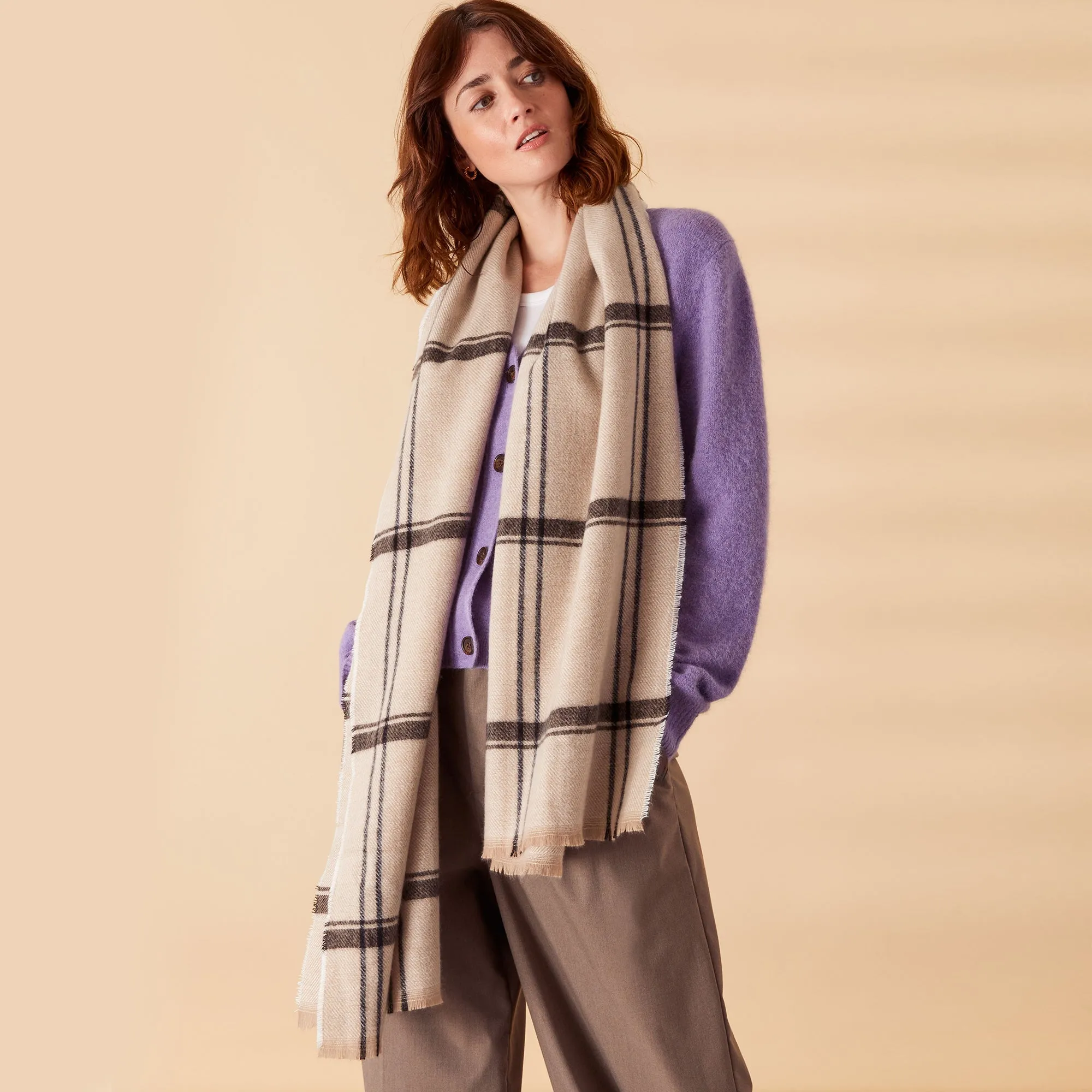 Accessorize London Women's Cream Neutral Check Blanket Scarf