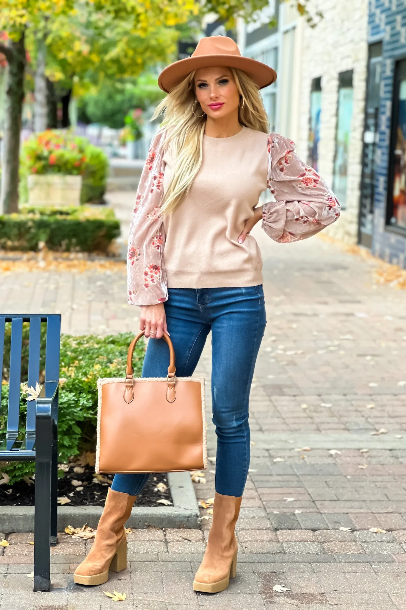 Adoring You Contrast Burnout Velvet Sleeve Sweater : Tan/Coral