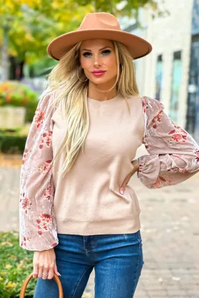 Adoring You Contrast Burnout Velvet Sleeve Sweater : Tan/Coral