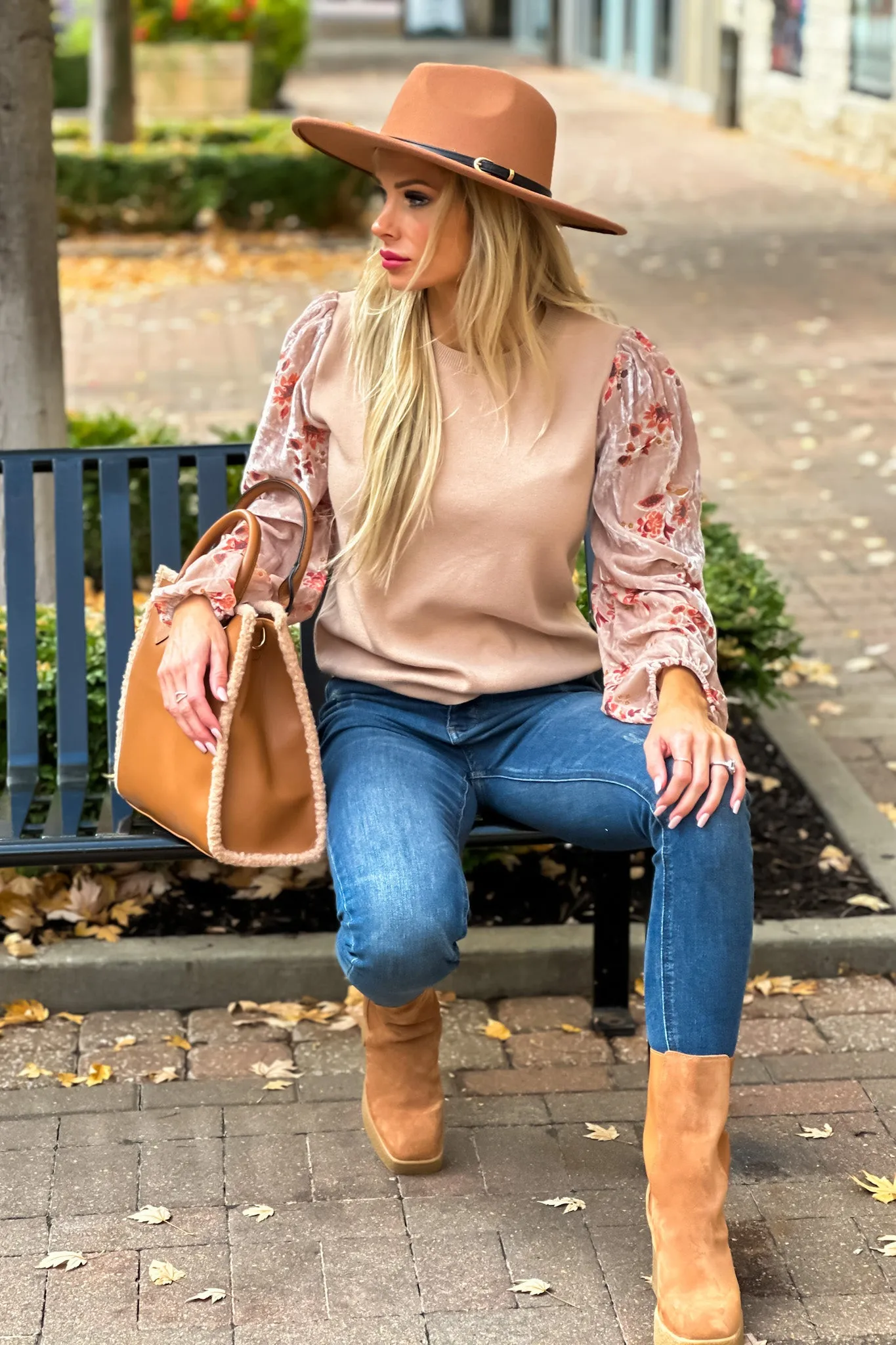 Adoring You Contrast Burnout Velvet Sleeve Sweater : Tan/Coral