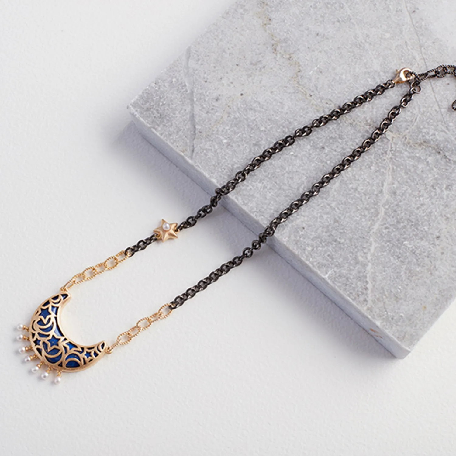 AMMANII Lapis Lazuli Moon Necklace with Freshwater Pearl Charms in Vermeil Gold