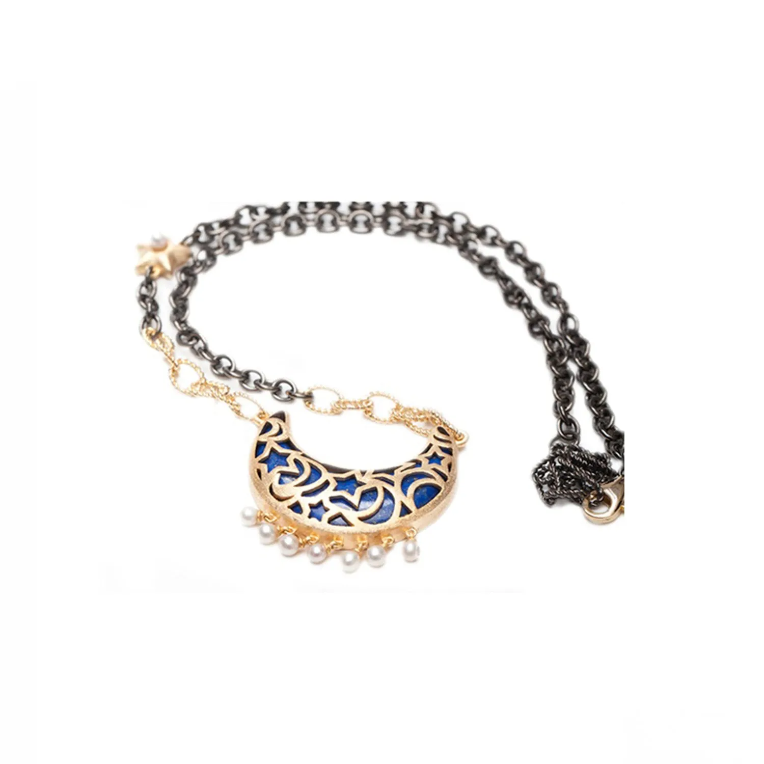 AMMANII Lapis Lazuli Moon Necklace with Freshwater Pearl Charms in Vermeil Gold