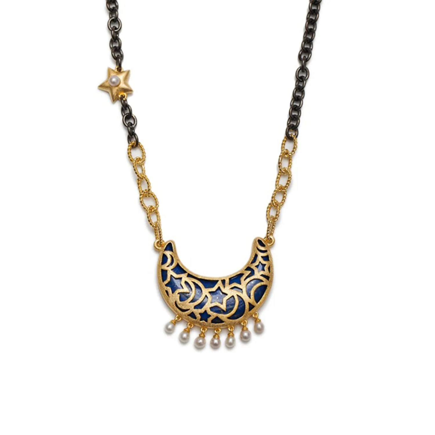 AMMANII Lapis Lazuli Moon Necklace with Freshwater Pearl Charms in Vermeil Gold