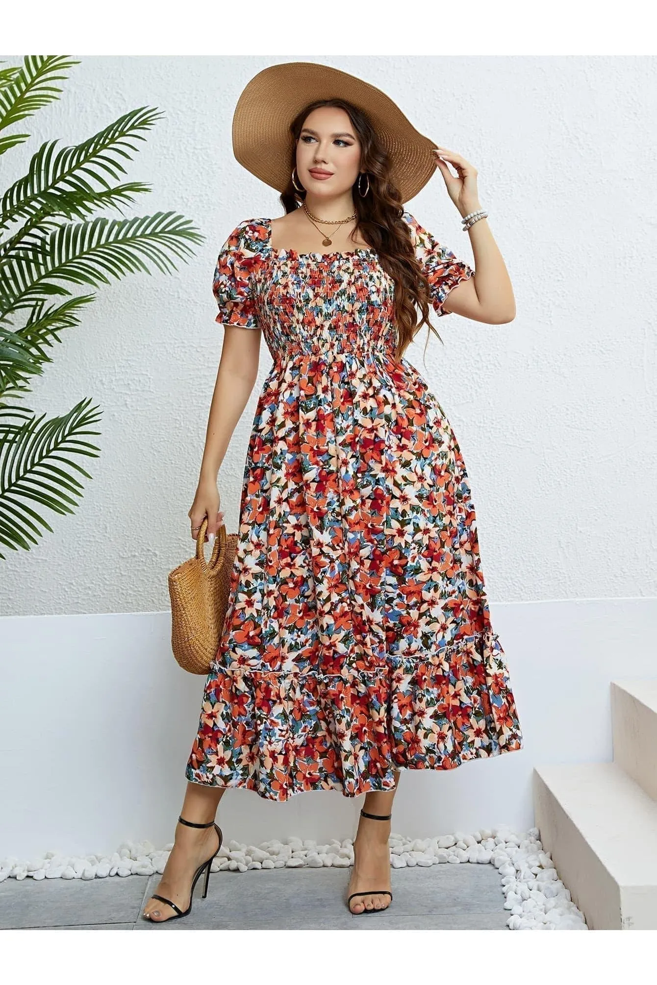 Andrea Plus Size Floral Smocked Square Neck Dress