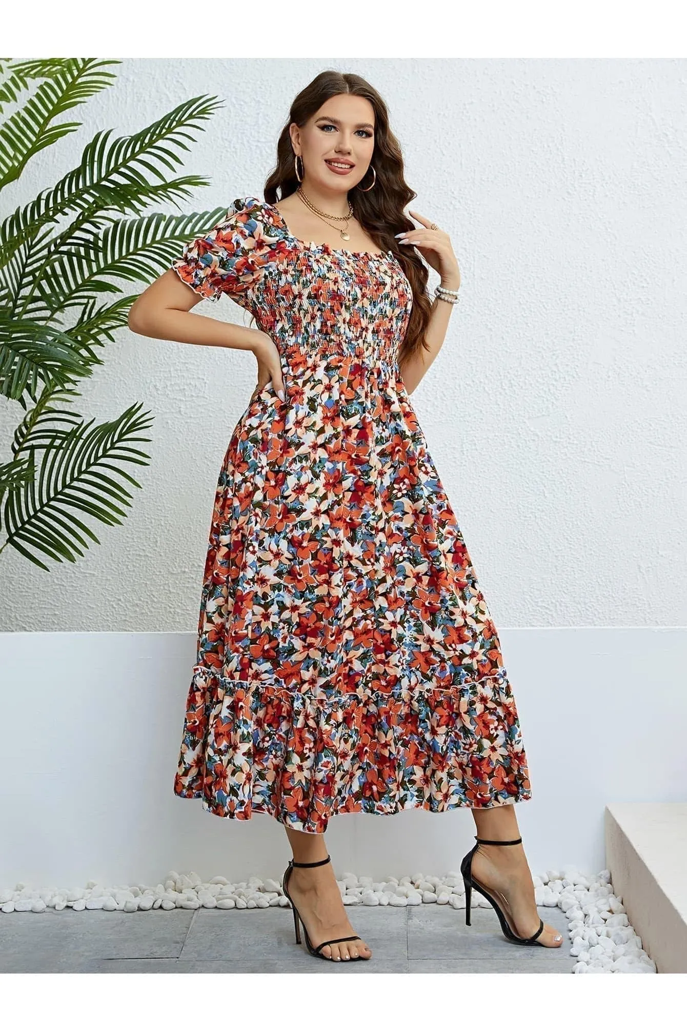 Andrea Plus Size Floral Smocked Square Neck Dress