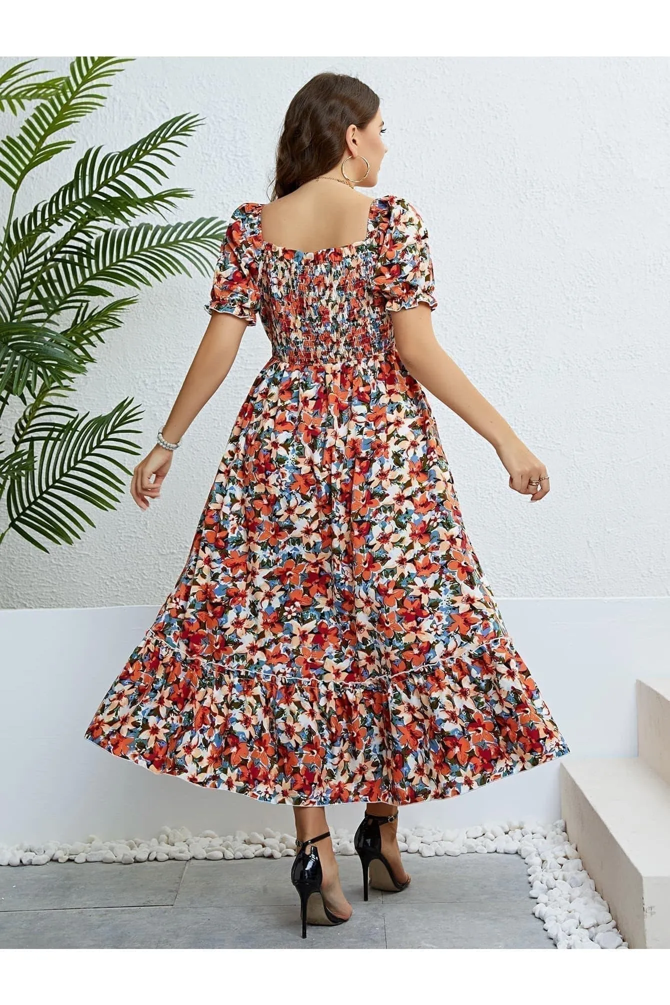 Andrea Plus Size Floral Smocked Square Neck Dress