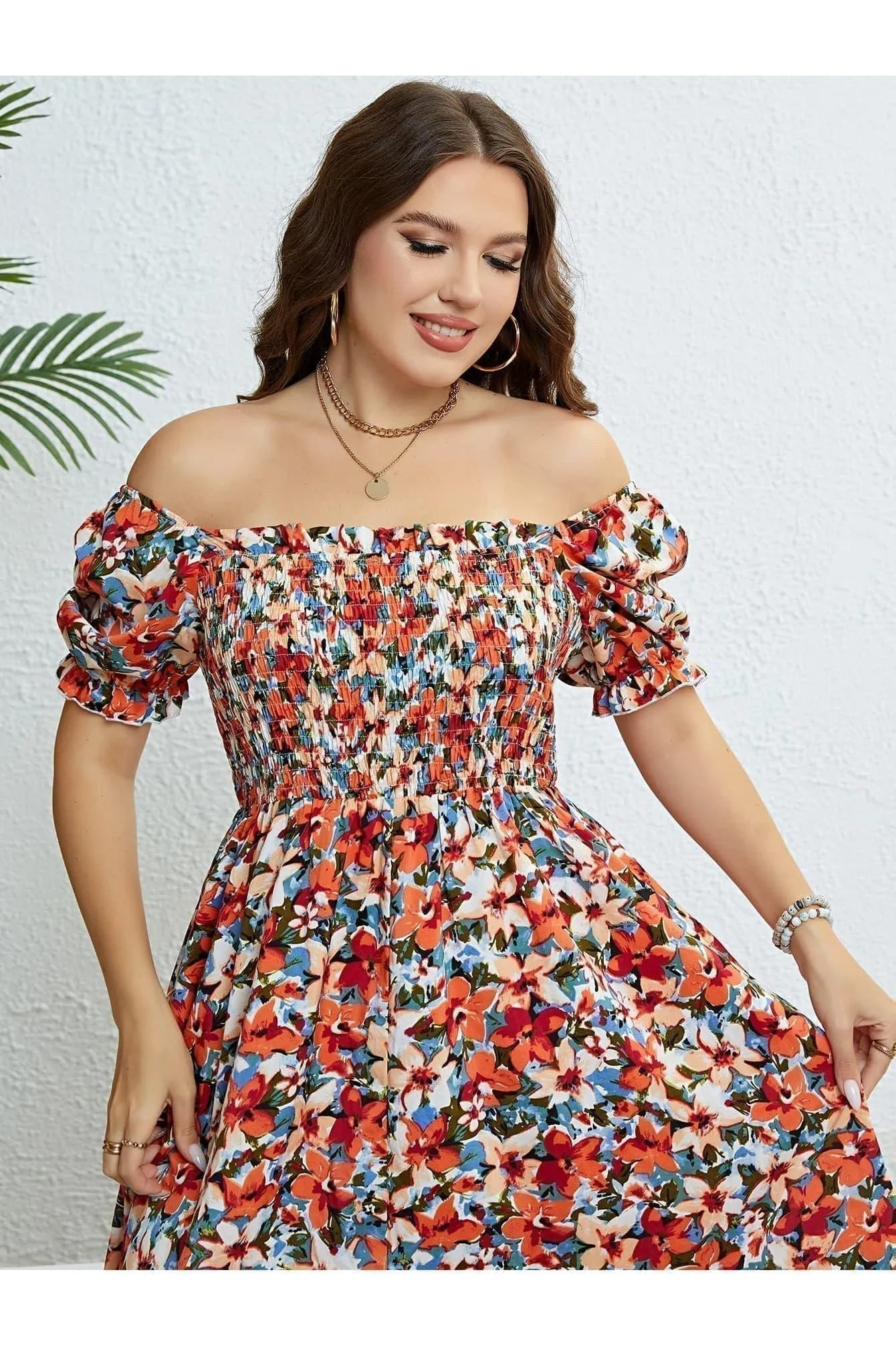 Andrea Plus Size Floral Smocked Square Neck Dress