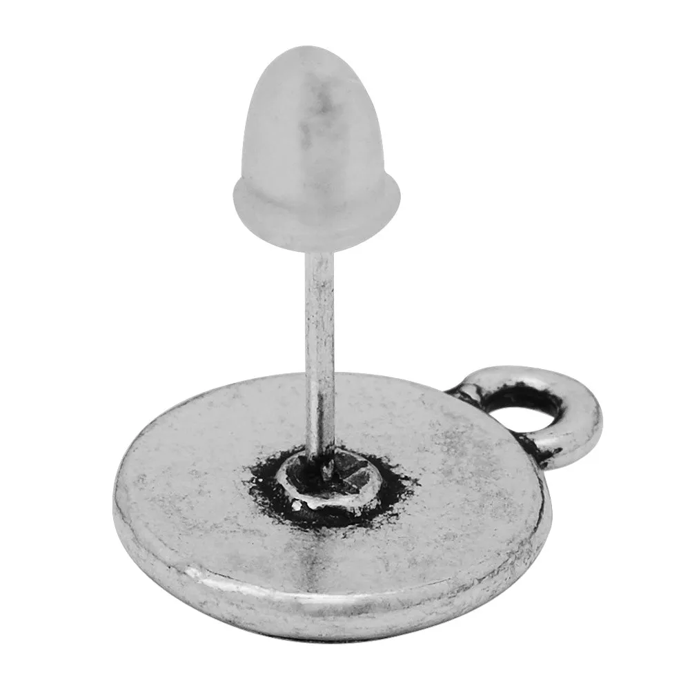 Antique Silver Plated Earring Stud With 7mm Round Bezel, Jewerly Stepped Bezel Post fit SS34,Zinc Alloy, 20PCS