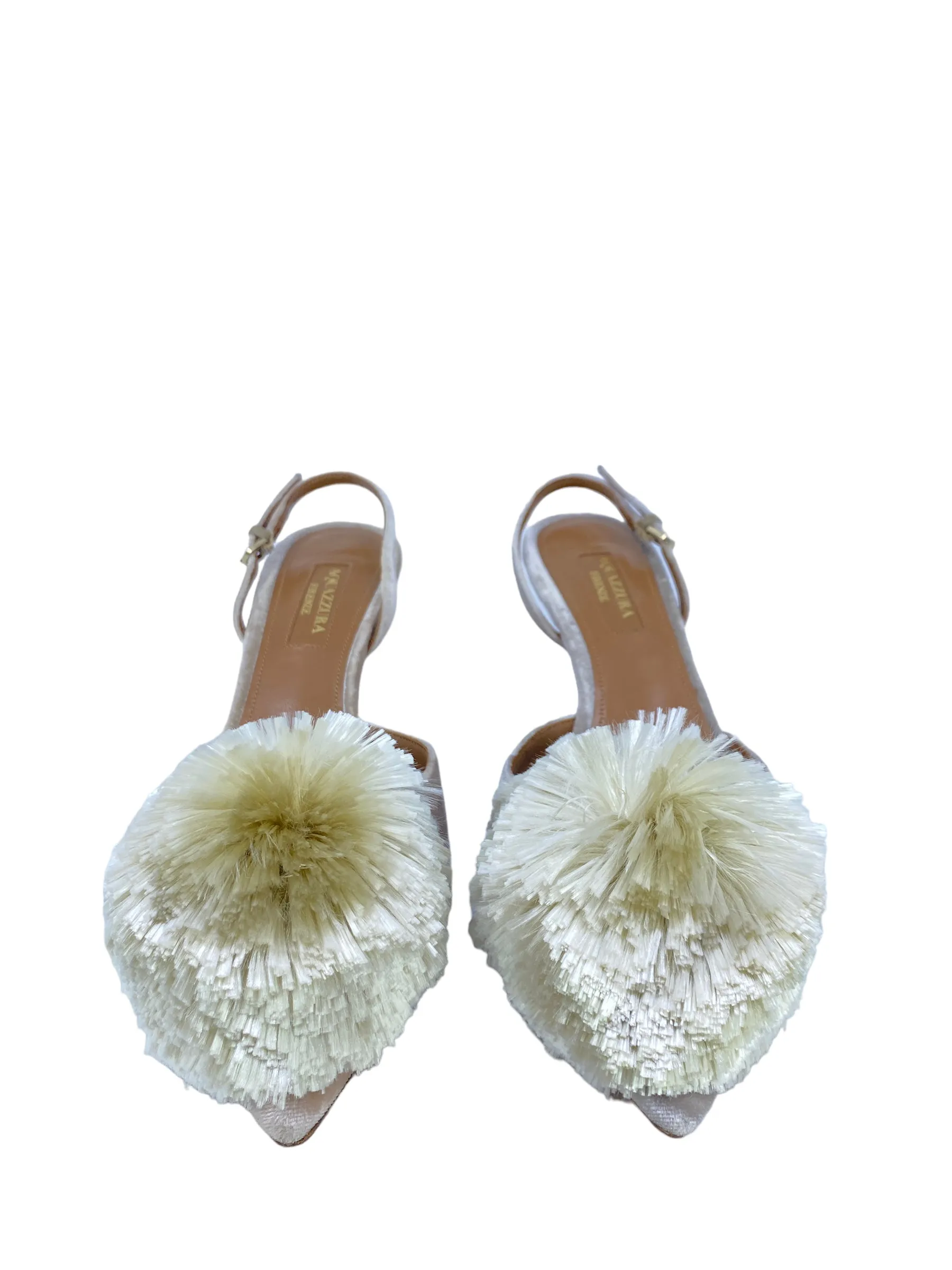 Aquazzura Powder Puff Pompom-Embellished Slingback Pumps in Light Grey Velvet size IT 35