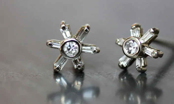 Baguette Diamond Flower Stud Earrings