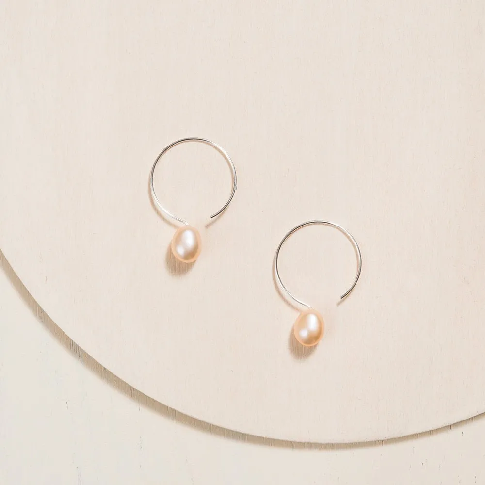 Basic Silver Hoop Earrings - Peach Pearl - 24mm