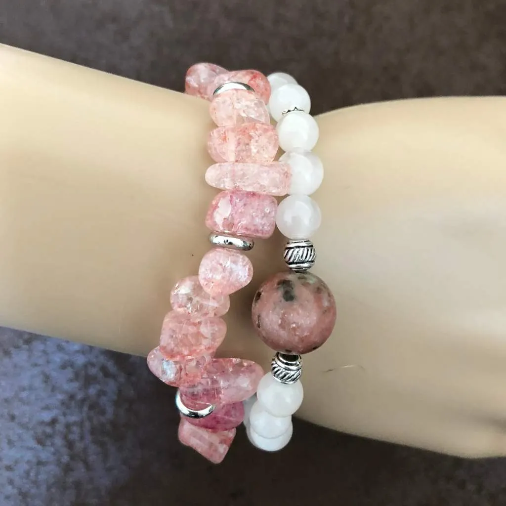 Berry Pink Quartz Ice Crystal and Silver Bracelet