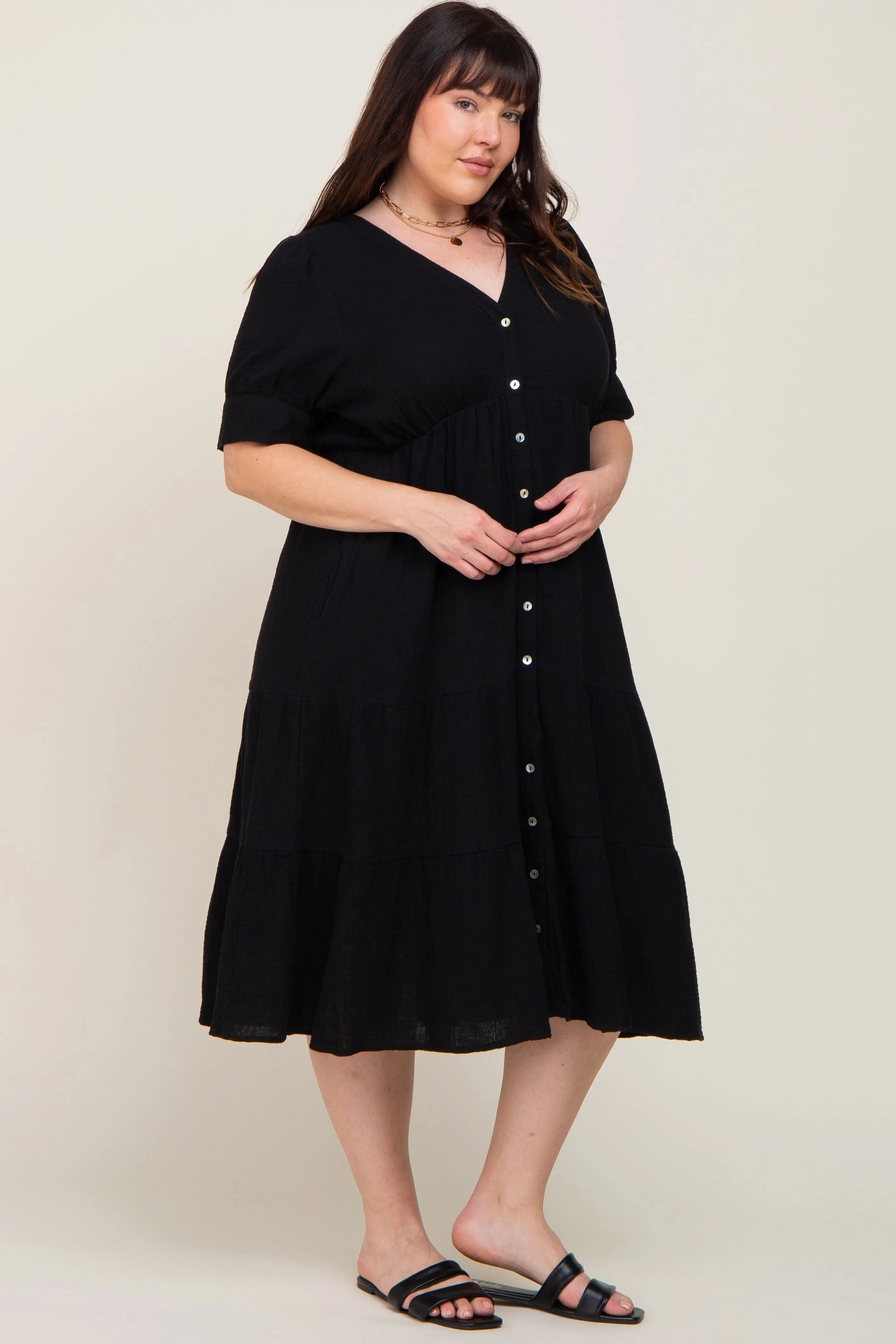 Black Button Down Short Sleeve Plus Dress