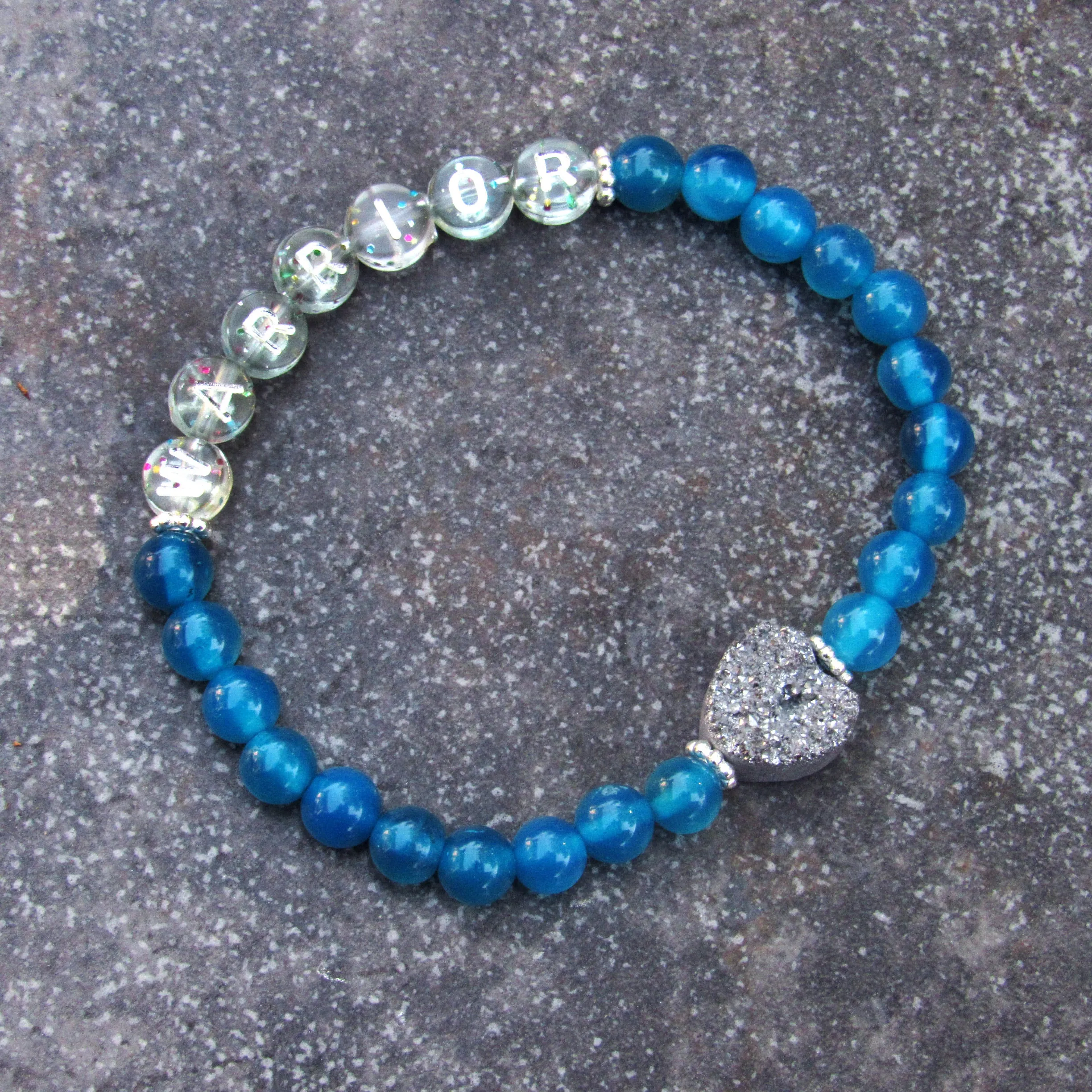 Blue Agate, Sterling Silver, Silver Heart Druzy Warrior Bracelet