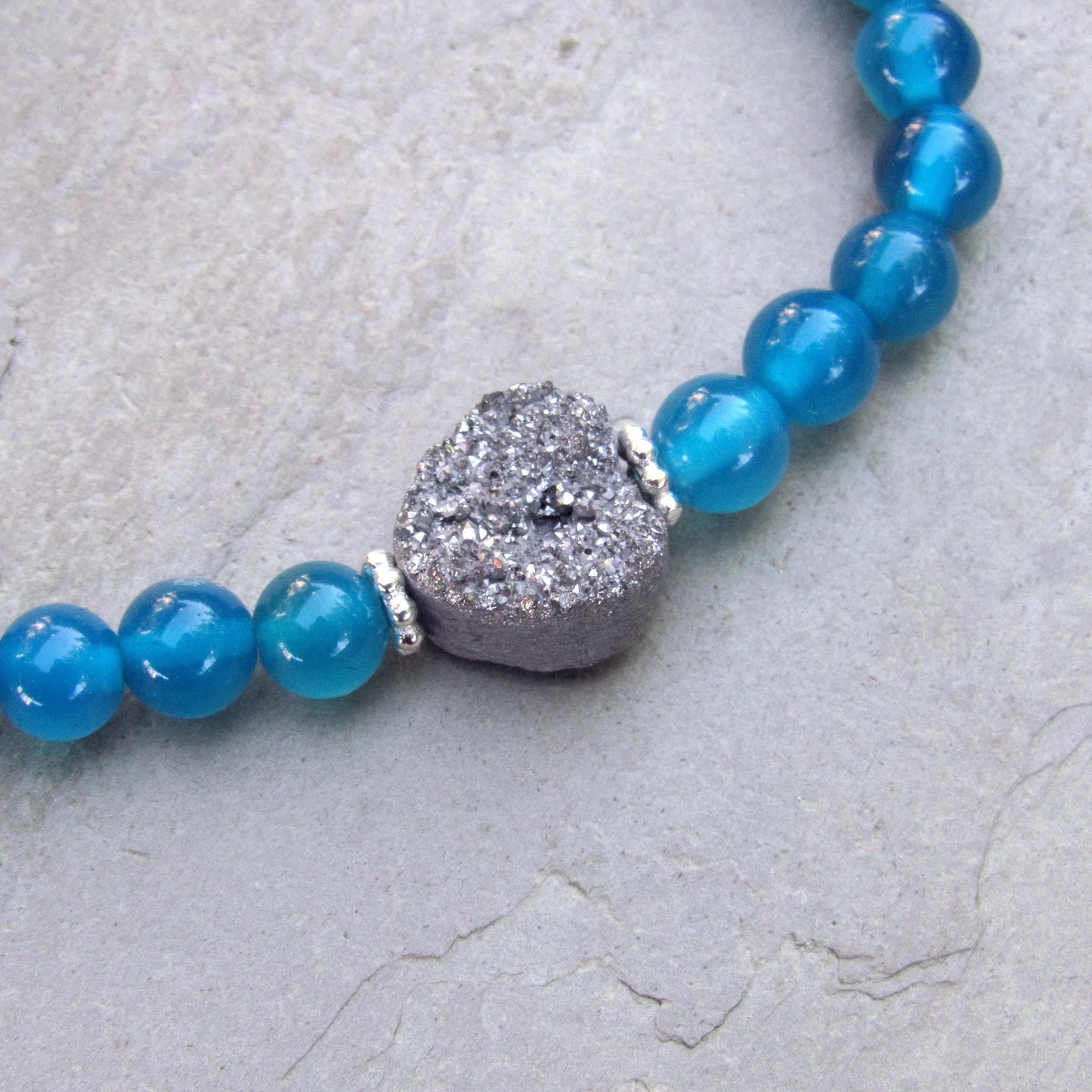 Blue Agate, Sterling Silver, Silver Heart Druzy Warrior Bracelet