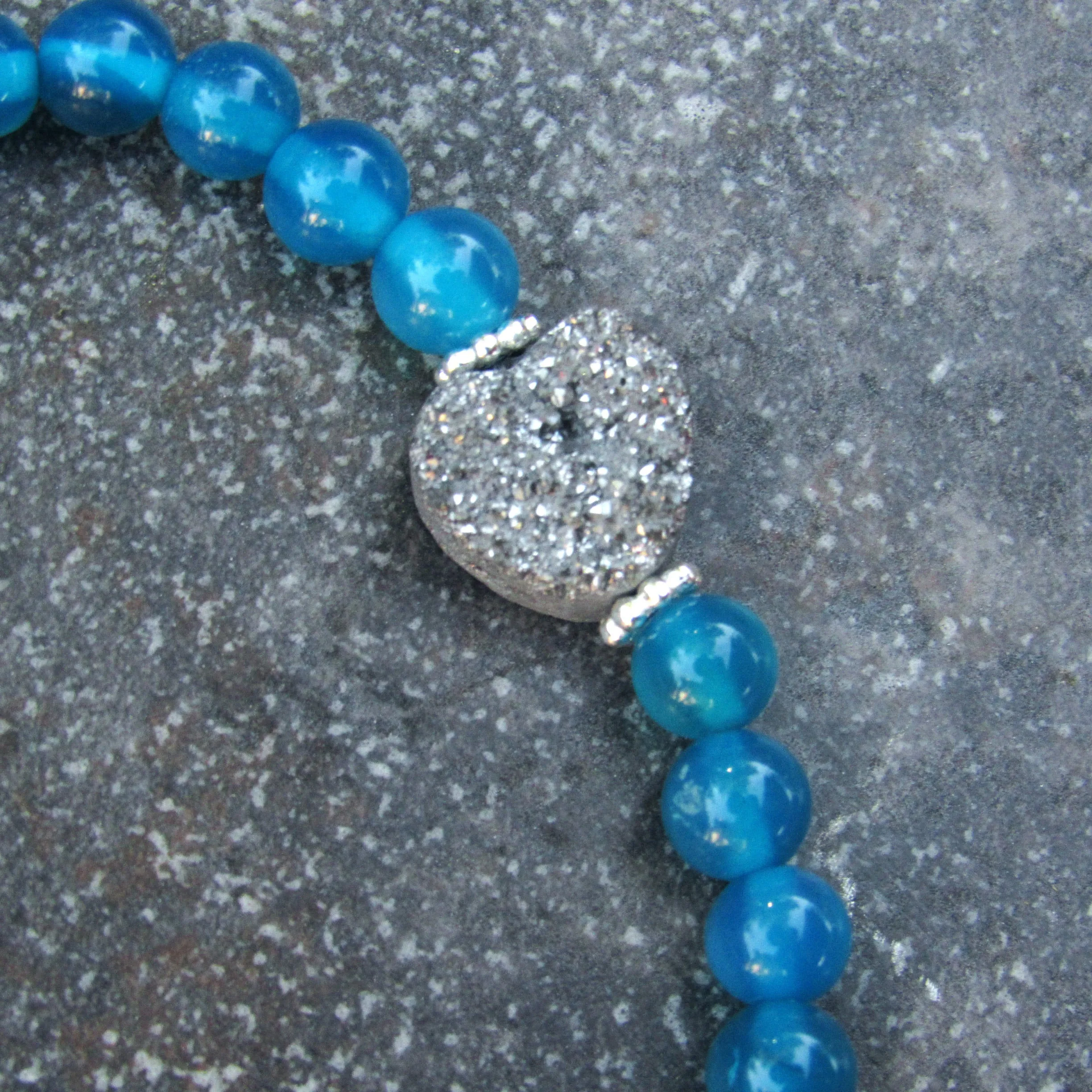 Blue Agate, Sterling Silver, Silver Heart Druzy Warrior Bracelet