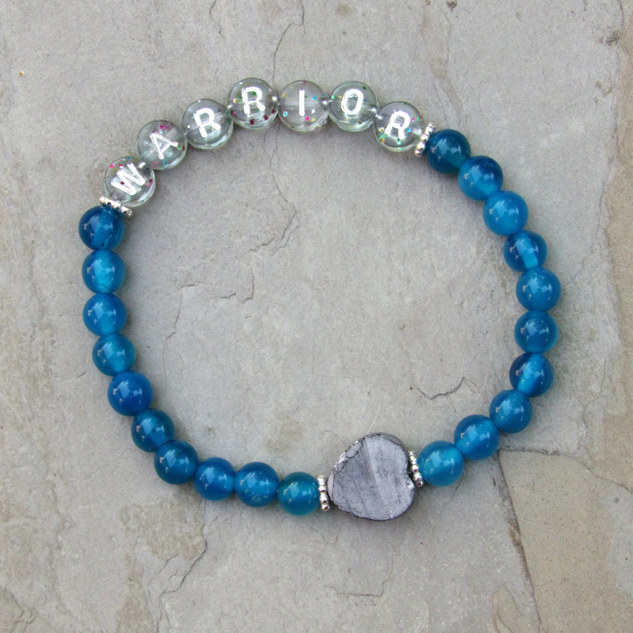 Blue Agate, Sterling Silver, Silver Heart Druzy Warrior Bracelet