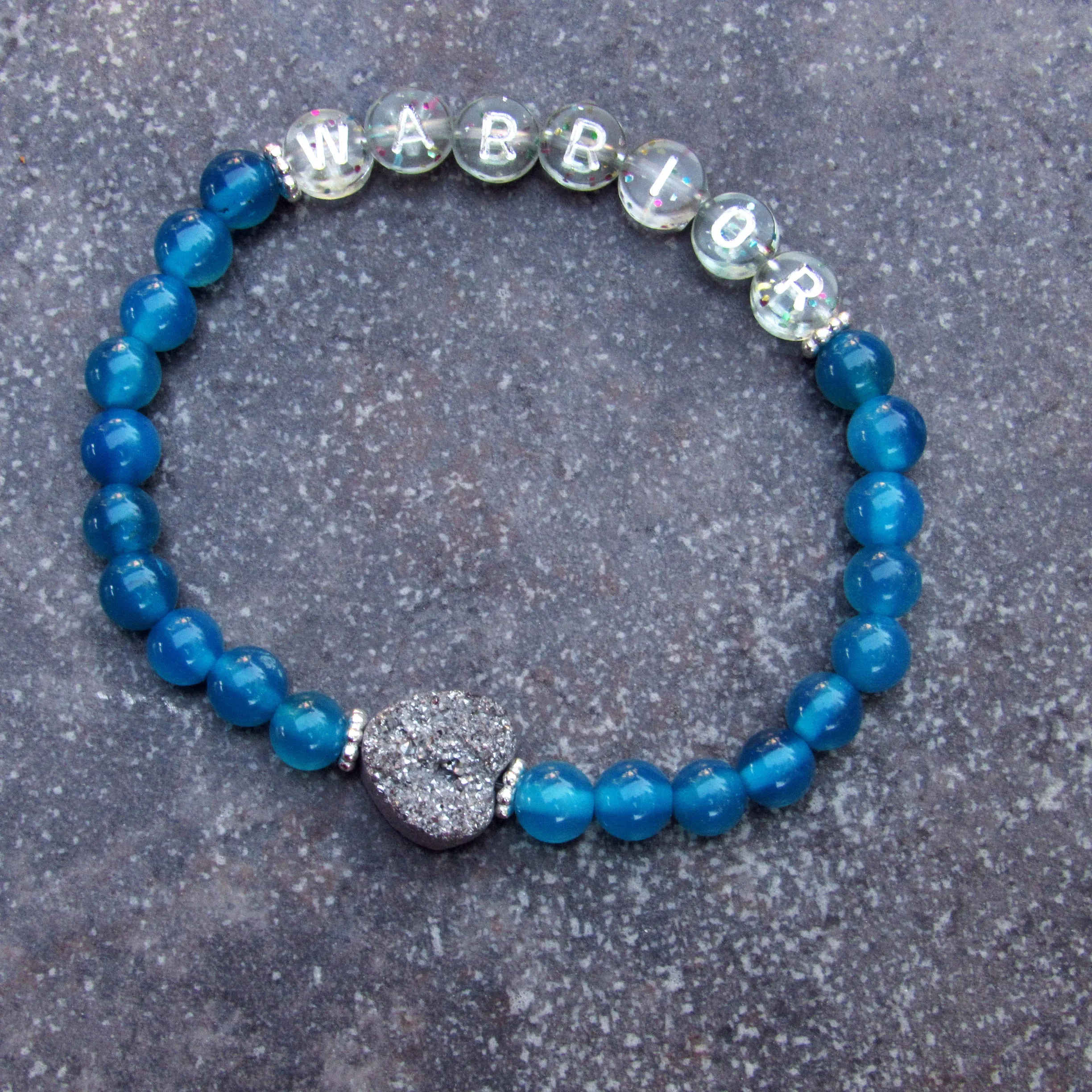 Blue Agate, Sterling Silver, Silver Heart Druzy Warrior Bracelet