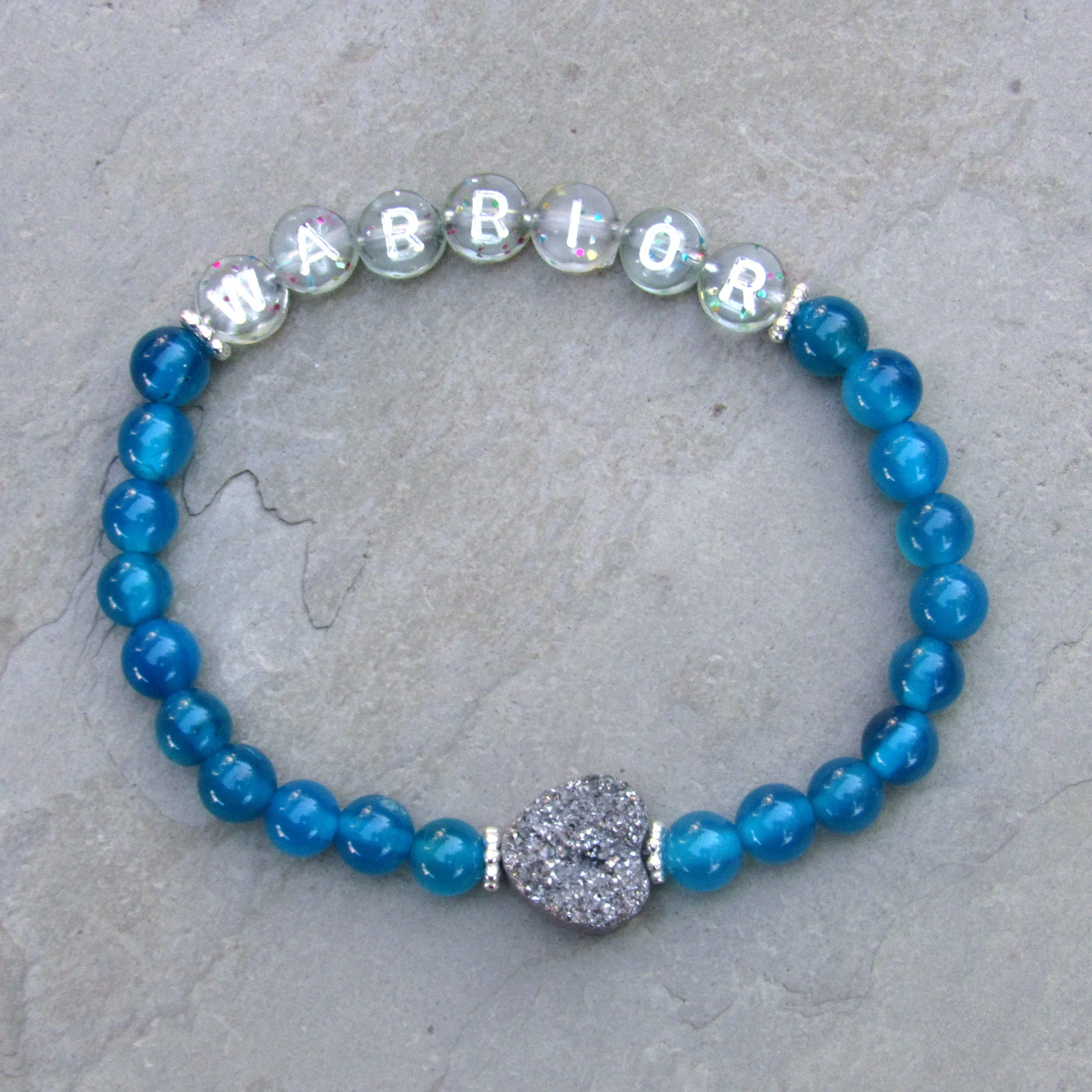 Blue Agate, Sterling Silver, Silver Heart Druzy Warrior Bracelet