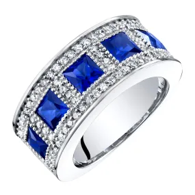 Blue Sapphire Princess Cut Sterling Silver Band Size 7