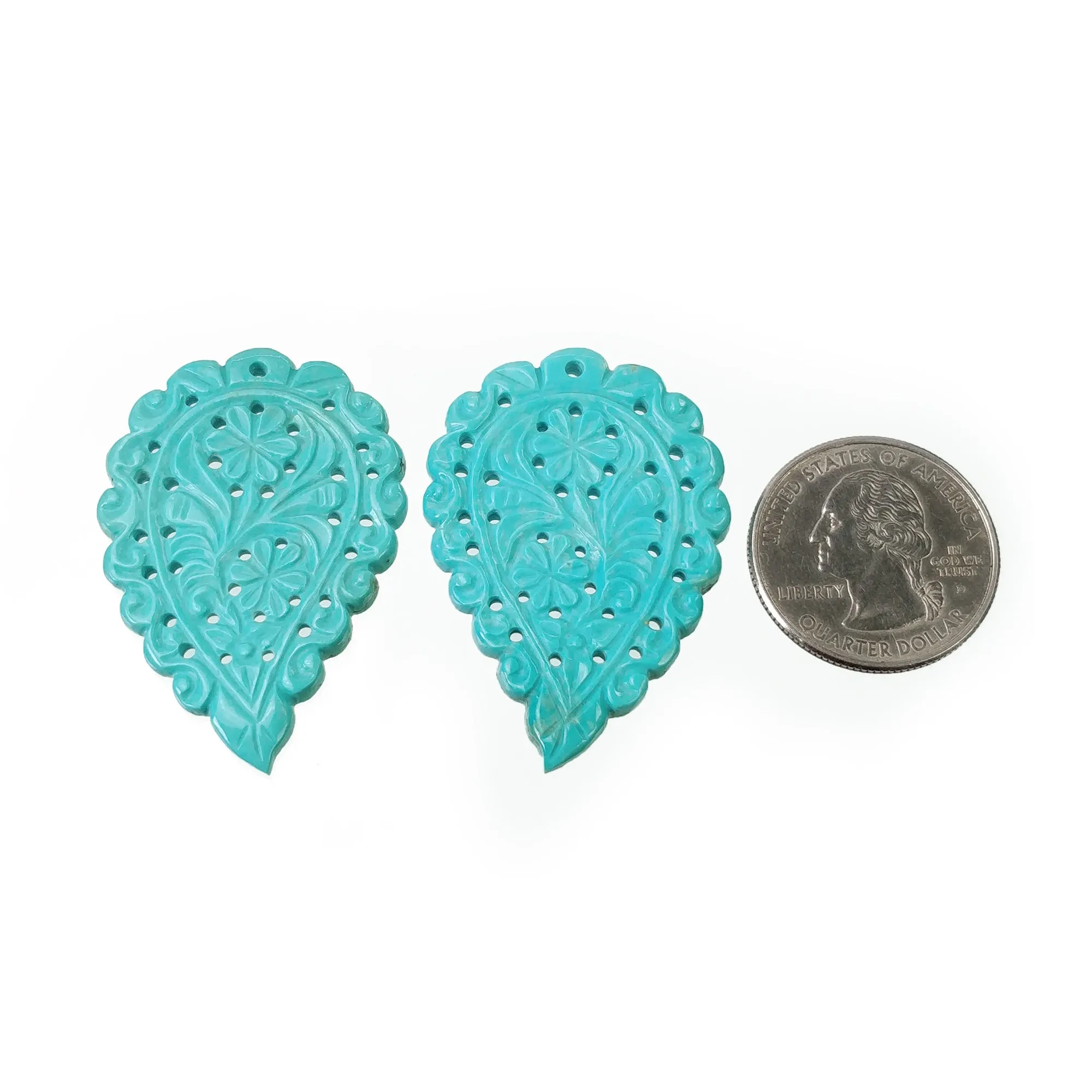 Blue TURQUOISE Gemstone Carving : 55.50cts Natural Untreated Sleeping Beauty Turquoise Hand Carved Indian Leaf 44*31mm Pair