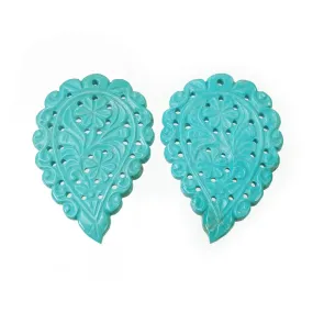 Blue TURQUOISE Gemstone Carving : 55.50cts Natural Untreated Sleeping Beauty Turquoise Hand Carved Indian Leaf 44*31mm Pair