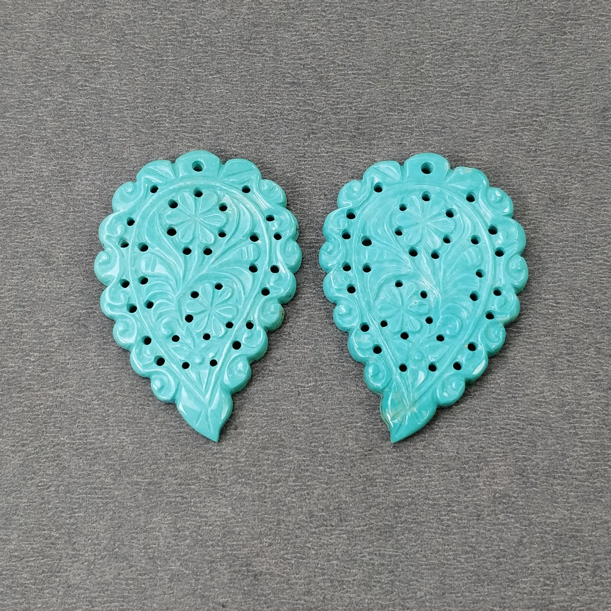 Blue TURQUOISE Gemstone Carving : 55.50cts Natural Untreated Sleeping Beauty Turquoise Hand Carved Indian Leaf 44*31mm Pair