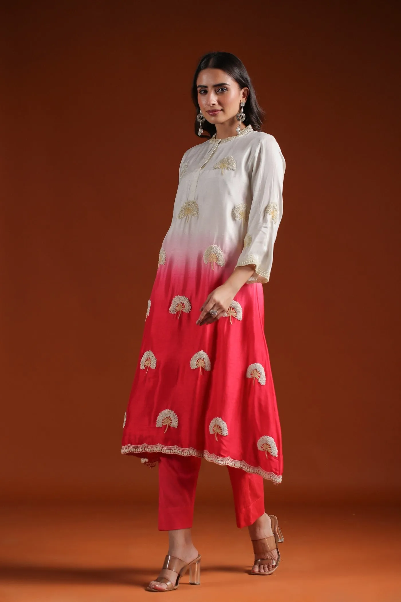 Bright Peach Beads Embroidered Ombre Kurta with Pant