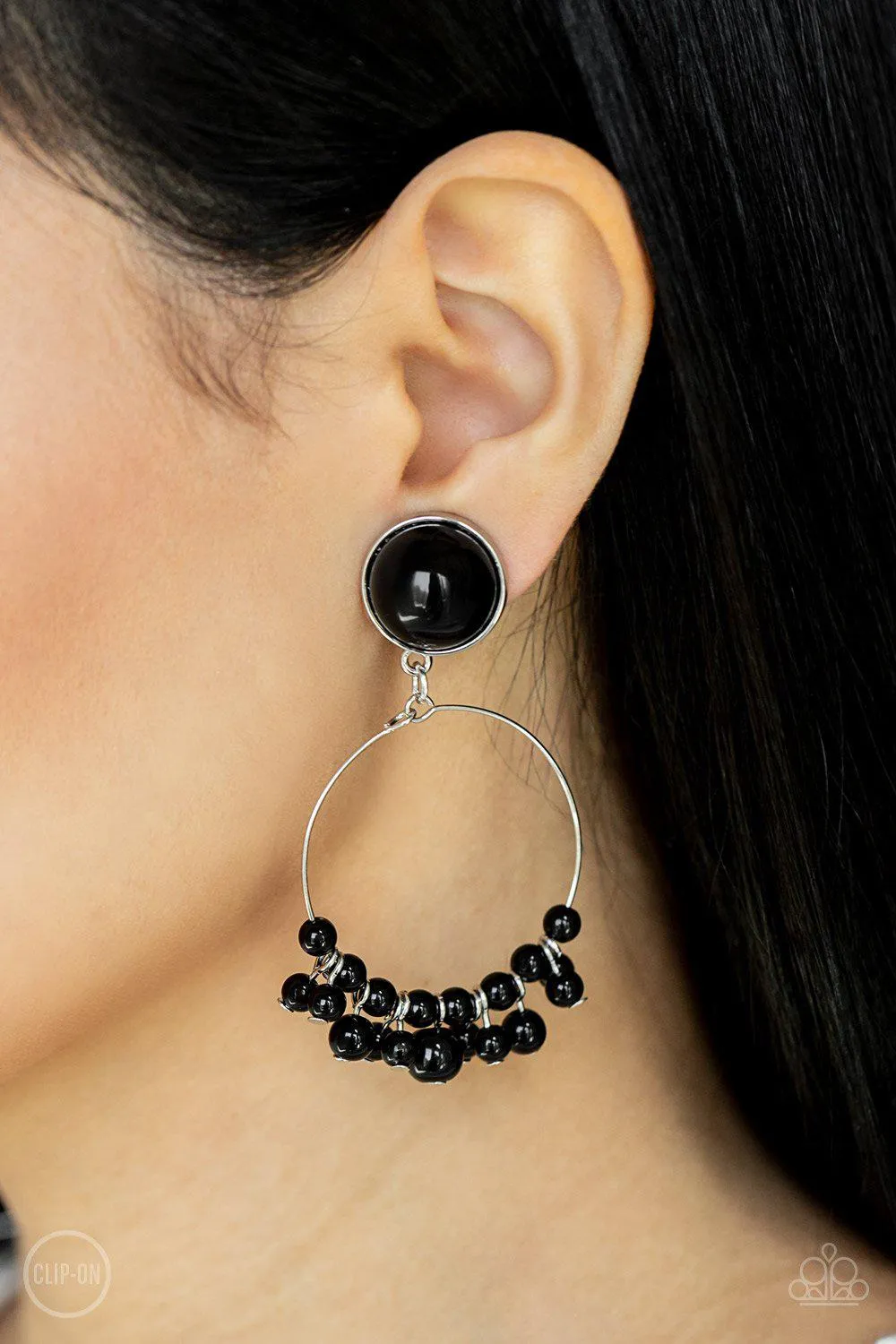 Cabaret Charm Black Clip-On Earrings - Paparazzi Accessories