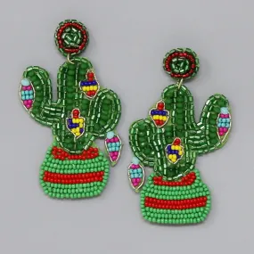 Christmas Cactus Seed Beaded Drop Earrings