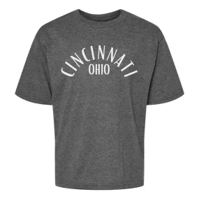 Cincinnati Ohio Curved T-Shirt on Gray- YOUTH