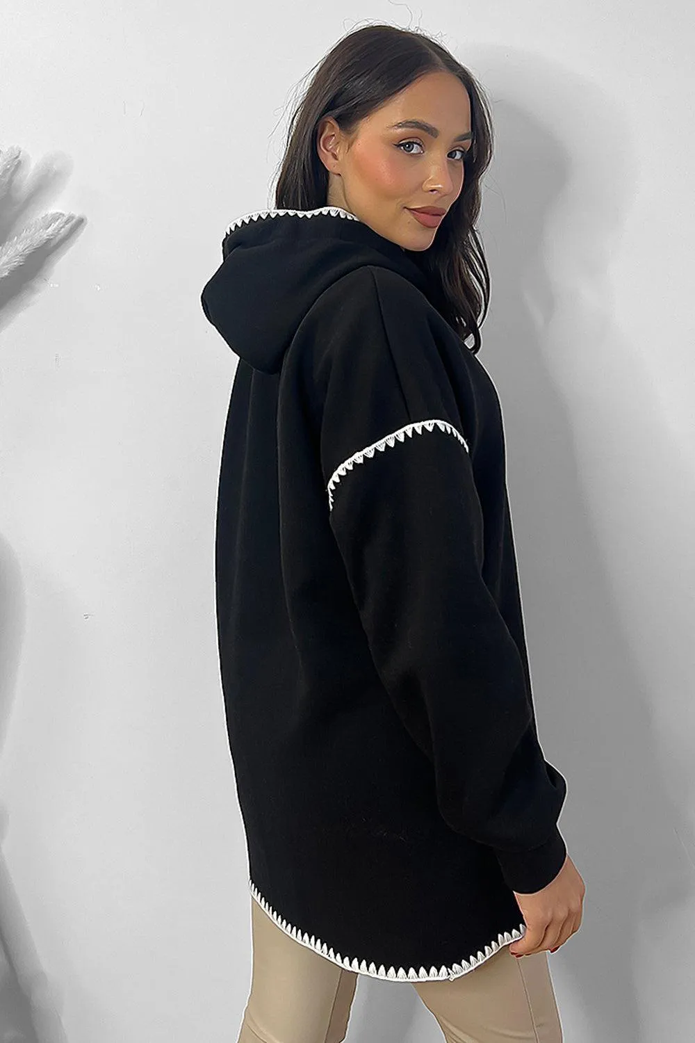 Contrast Stitch Trim Oversized Fleece Hoodie