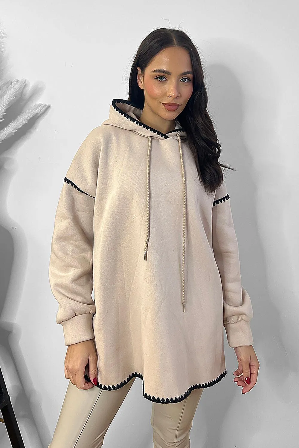 Contrast Stitch Trim Oversized Fleece Hoodie