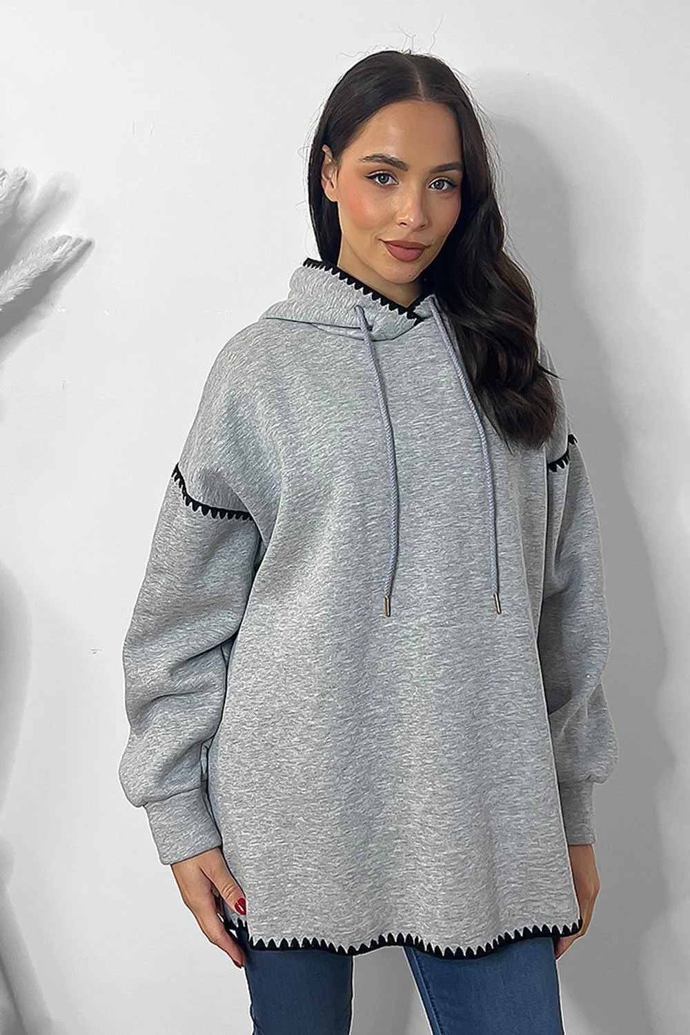 Contrast Stitch Trim Oversized Fleece Hoodie