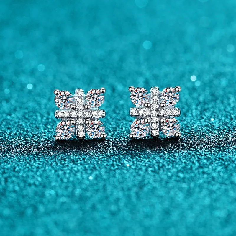 Cubic Flower Moissanite Stud Earrings in Sterling Silver