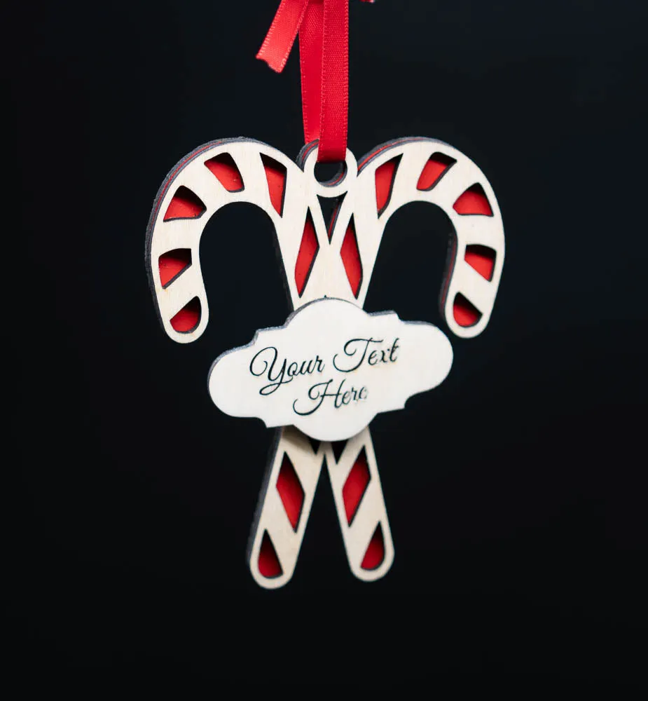 Custom Personalized Wood Candy Cane Ornament - Sweet Memories in Three Layers