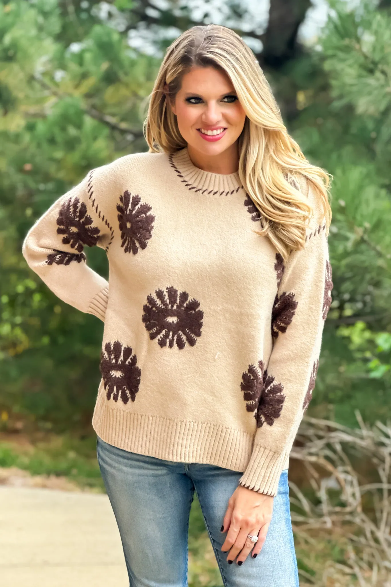 Daisy Love Textured Floral Knit Sweater : Tan/Brown