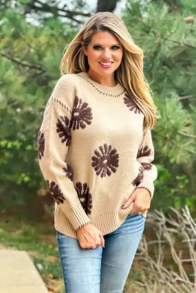 Daisy Love Textured Floral Knit Sweater : Tan/Brown